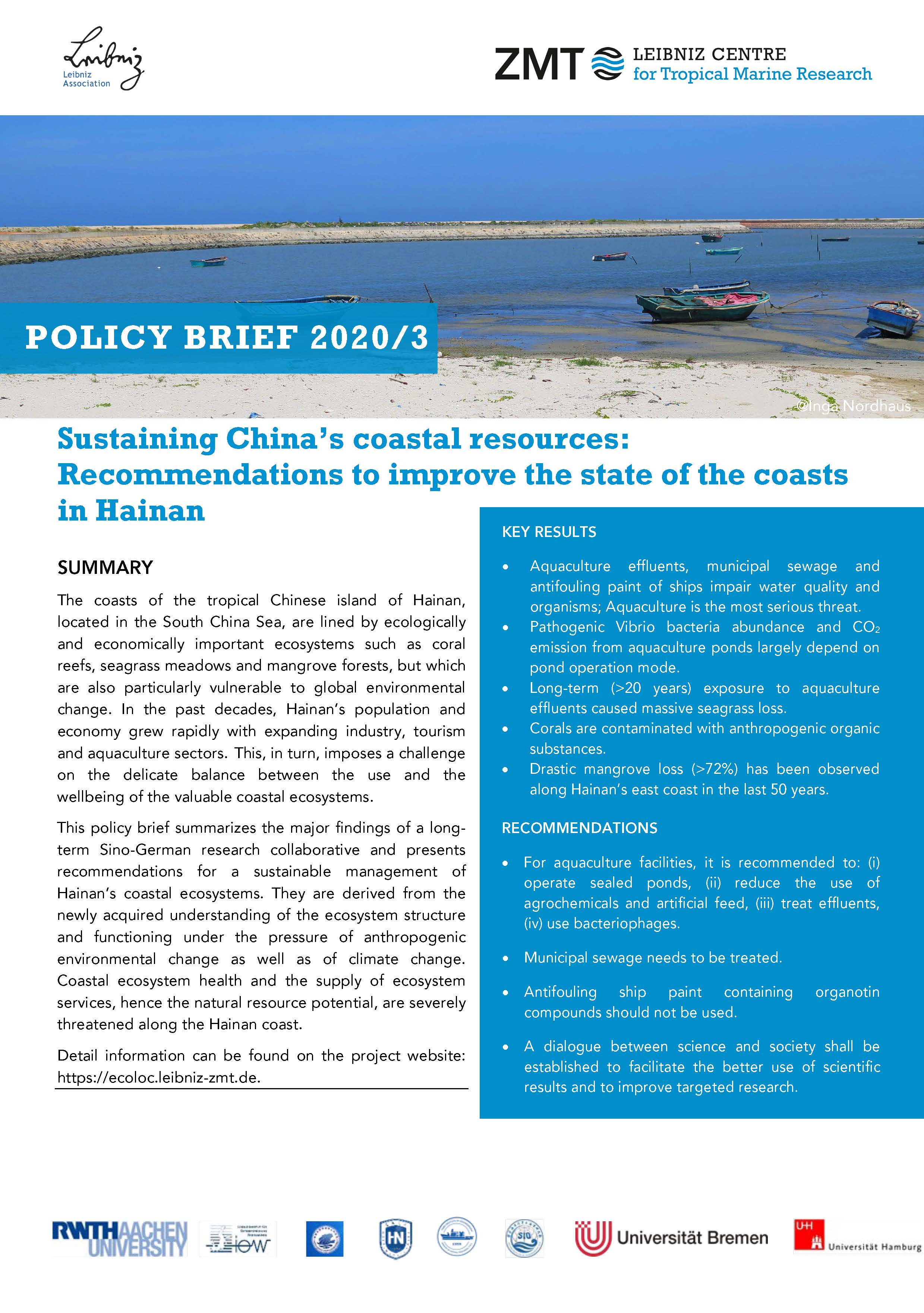 Cover of policy brief China titled Sustaining China's Coastal Resources Cover of policy brief China titled Sustaining China's Coastal Resources