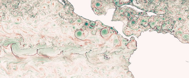 A stylized satellite visualization of ocean surface currents in the Gulf of Mexico and the Atlantic Ocean near the southeastern United States. The image features swirling eddies and fluid motion patterns in green, red, and white hues, creating a marbled, abstract effect. The landmasses are shown in muted colors with detailed coastlines, while the ocean currents appear dynamic and chaotic, emphasizing the turbulence and complexity of oceanic flow.
