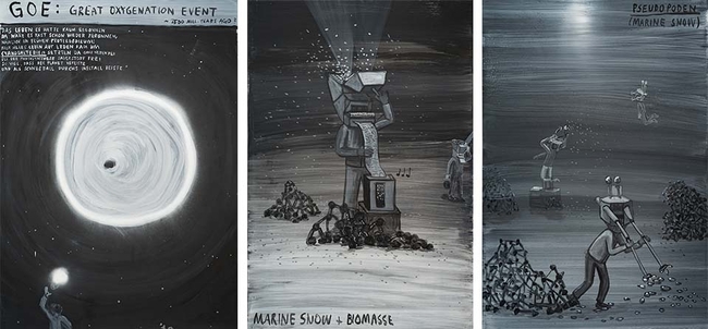 Dreiteilige Schwarz-Weiß-Zeichnung mit surrealen Szenen. Links erscheint ein großer, leuchtender Wirbel vor dunklem Hintergrund. In der Mitte und rechts arbeiten kantige, menschenähnliche Figuren zwischen Haufen kleiner organischer Formen; Punkte und Partikel schweben durch die Umgebung.